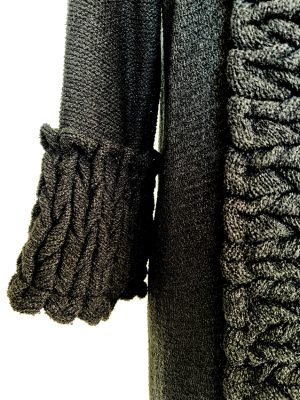 Long hand loomed knit coat with textured trim