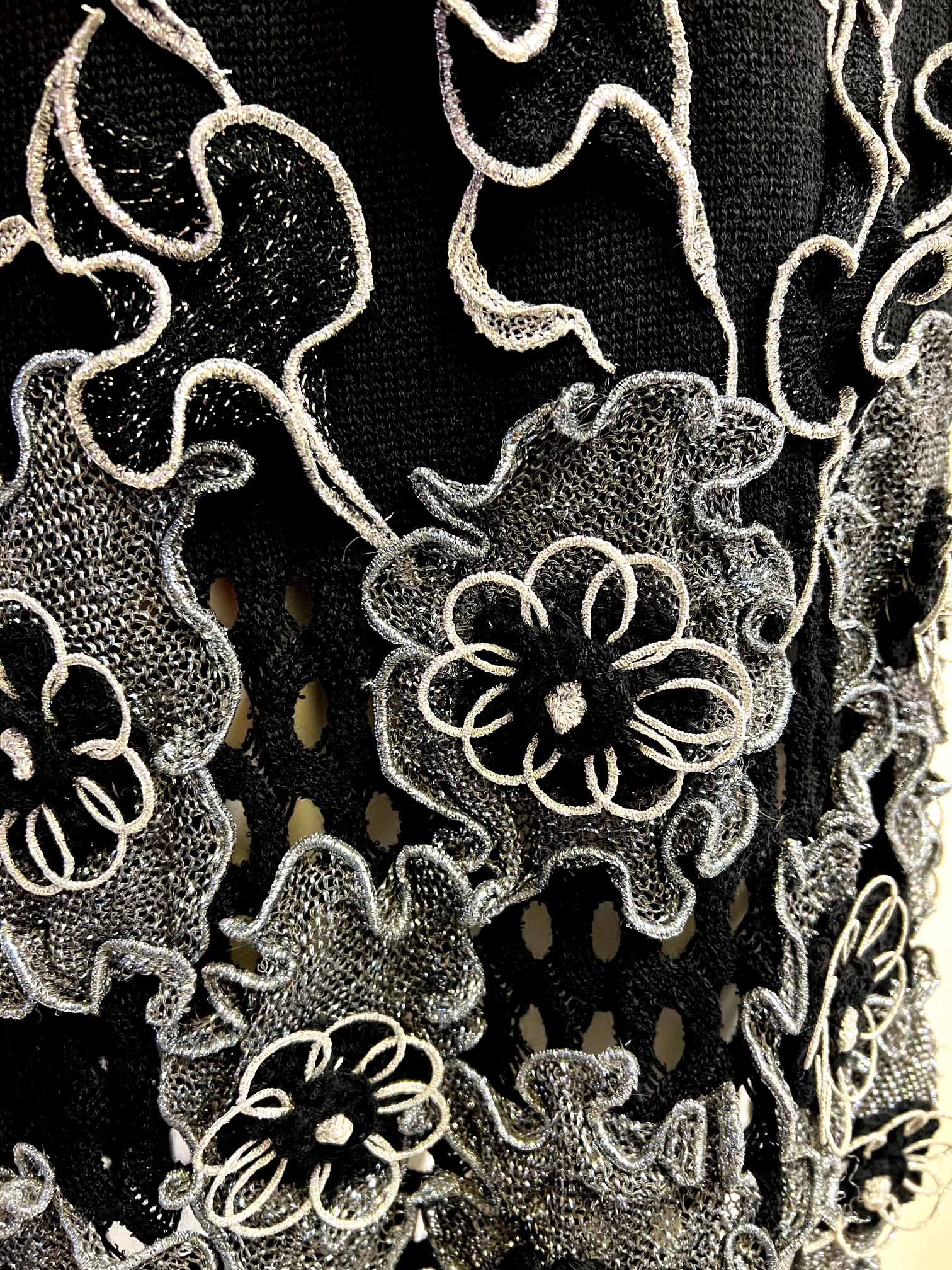 Hand loomed knit dress with applique hand crochet flowers