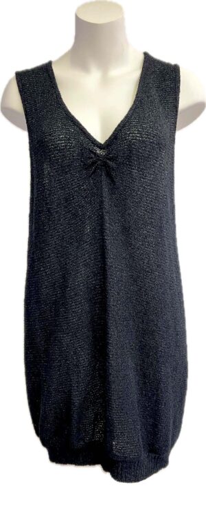 Sleeveless black knit top with gathered detail